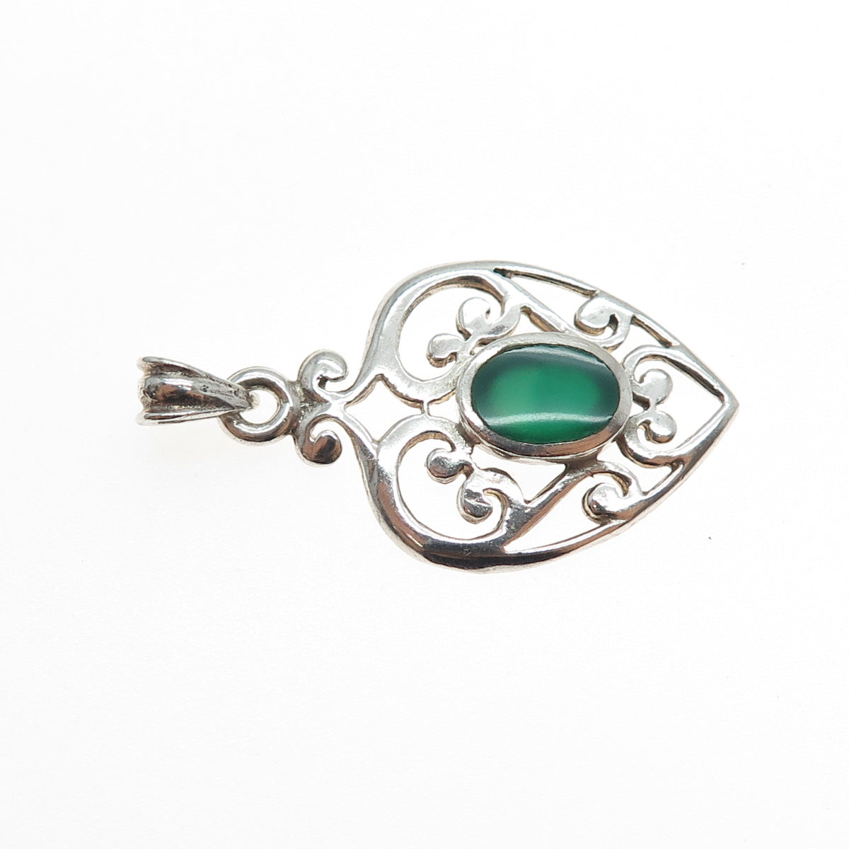 925 Sterling Silver Vintage Real Green Onyx Ornate Heart Charm Pendant