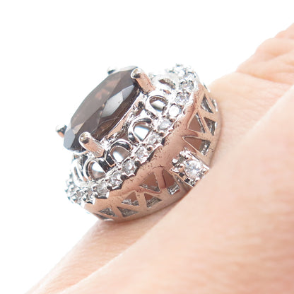925 Sterling Silver Real Oval-Cut Smoky Quartz & Round-Cut C Z Ring Size 6.75