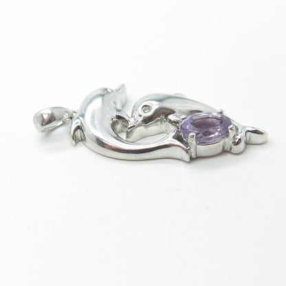 925 Sterling Silver Real Round-Cut Diamond & Amethyst Friendly Dolphin Pendant