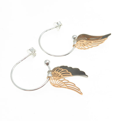 925 Sterling Silver 2-Tone Angle Wings Dangling Hoop Earrings