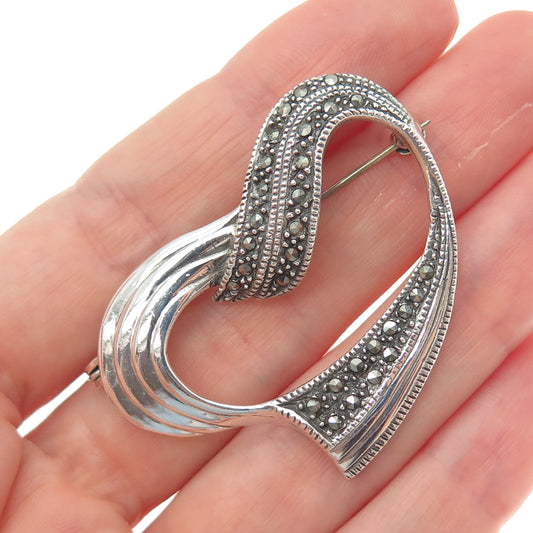 925 Sterling Silver Vintage Real Marcasite Heart Oxidized Pin Brooch