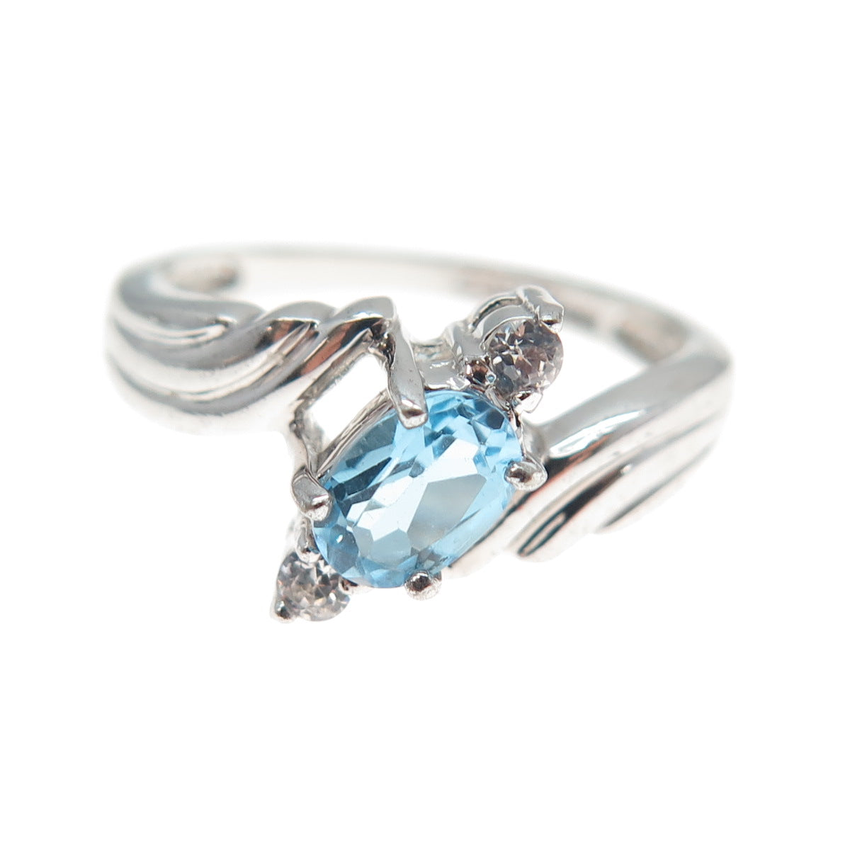 925 Sterling Silver Real Blue Topaz & Round-Cut C Z Bypass Ring Size 6