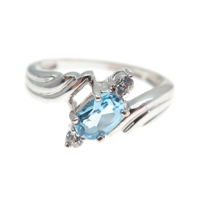 925 Sterling Silver Real Blue Topaz & Round-Cut C Z Bypass Ring Size 6