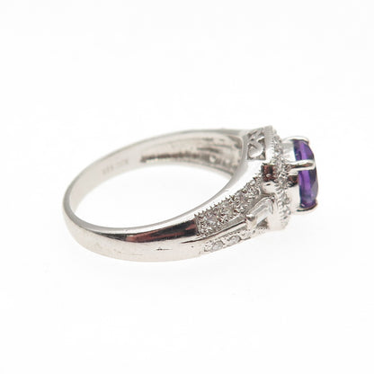925 Sterling Silver Real Round-Cut C Z Amethyst & C Z Ring Size 9