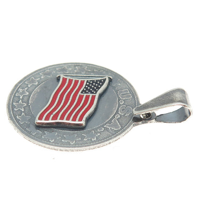 925 Sterling Silver Vintage Enamel USA Flag Oxidized Pendant