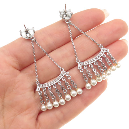 925 Sterling Silver Faux Pearl & C Z Chatelaine Dangle Earrings
