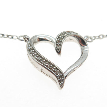 SUN 925 Sterling Silver Italy Real Round-Cut Diamond Heart Chain Necklace 18"