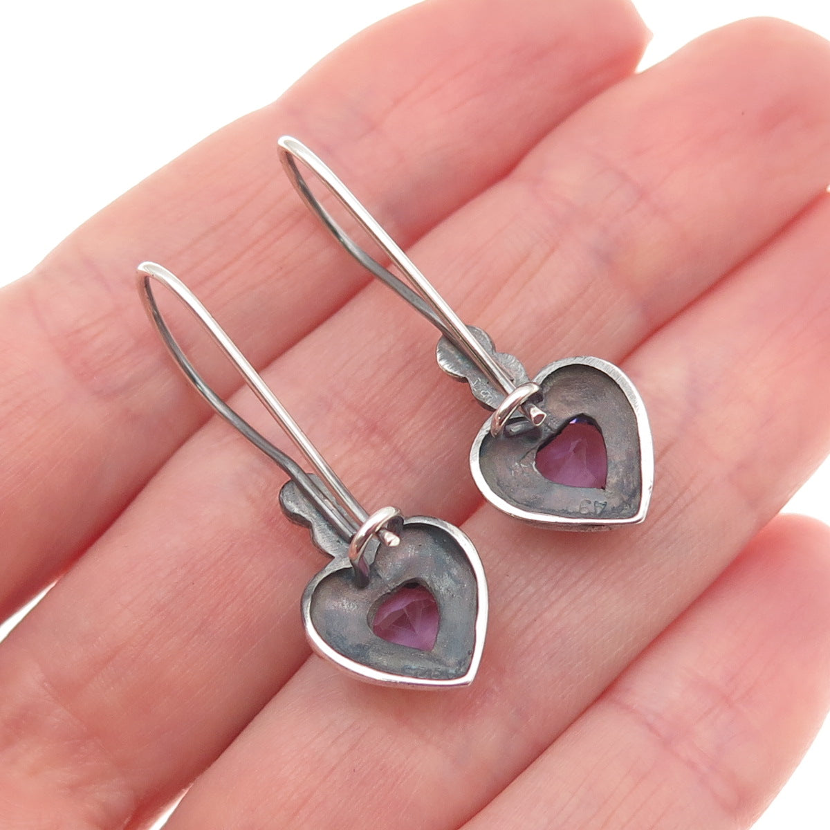 925 Sterling Silver Vintage Real Amethyst Heart Dangle Earrings
