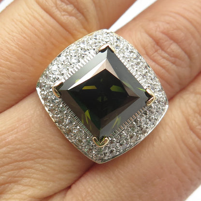 925 Sterling Silver Gold Plated Seta Green & White C Z Square Ring Size 7.25