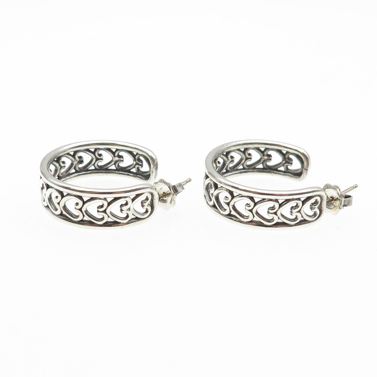 925 Sterling Silver Vintage Heart Link Oxidized Hoop Earrings