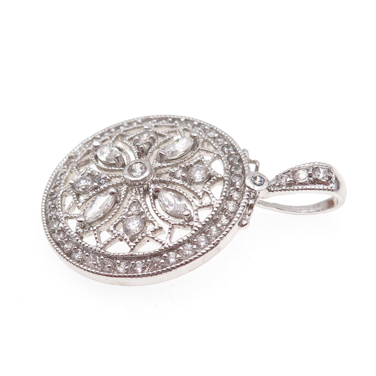 925 Sterling Silver Round & Marquise-Cut C Z Floral Circle of Life Pendant