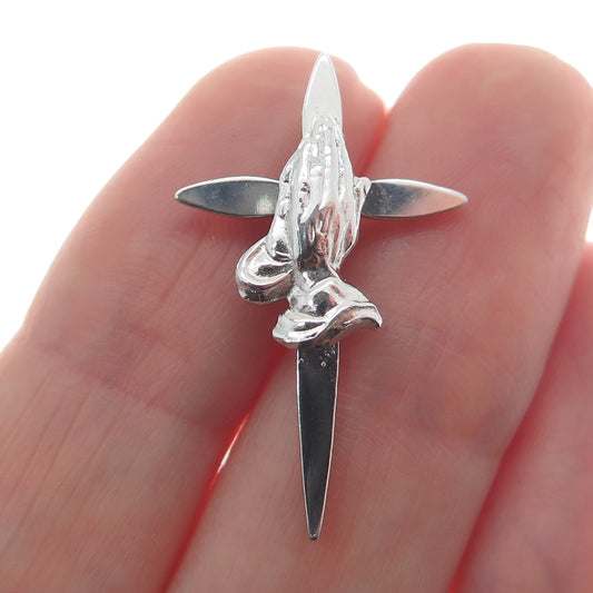 925 Sterling Silver Vintage Prayer Hand Cross Religious Pendant