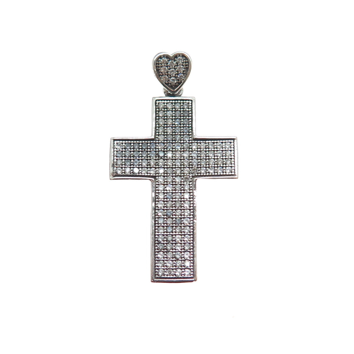925 Sterling Silver Round-Cut C Z Sparkle Heart Cross Charm Pendant