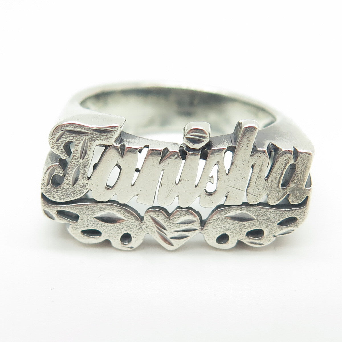 925 Sterling Silver Vintage "Tanisha" Name Oxidized Ring Size 9