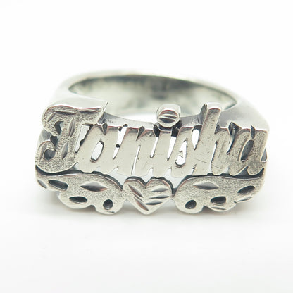 925 Sterling Silver Vintage "Tanisha" Name Oxidized Ring Size 9