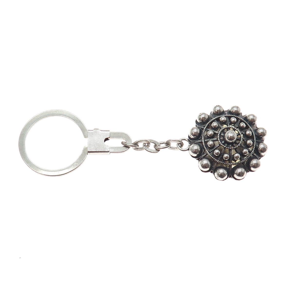 925 Sterling Silver Vintage Plaza Mayor Madrid Oxidized Key Fob Chain Ring