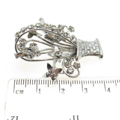 CARL ART 925 Sterling Silver Antique Art Deco Rhinestone Flower Basket Brooch