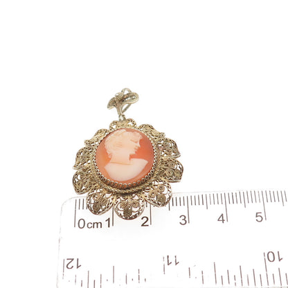 900 Silver Gold Plated Vintage Real MOP Carved Lady Cameo Pin Brooch / Pendant