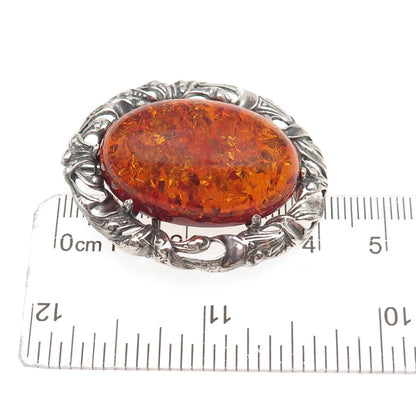 925 Sterling Silver Vintage Sweden Real Amber Floral Oxidized Pin Brooch Pendant