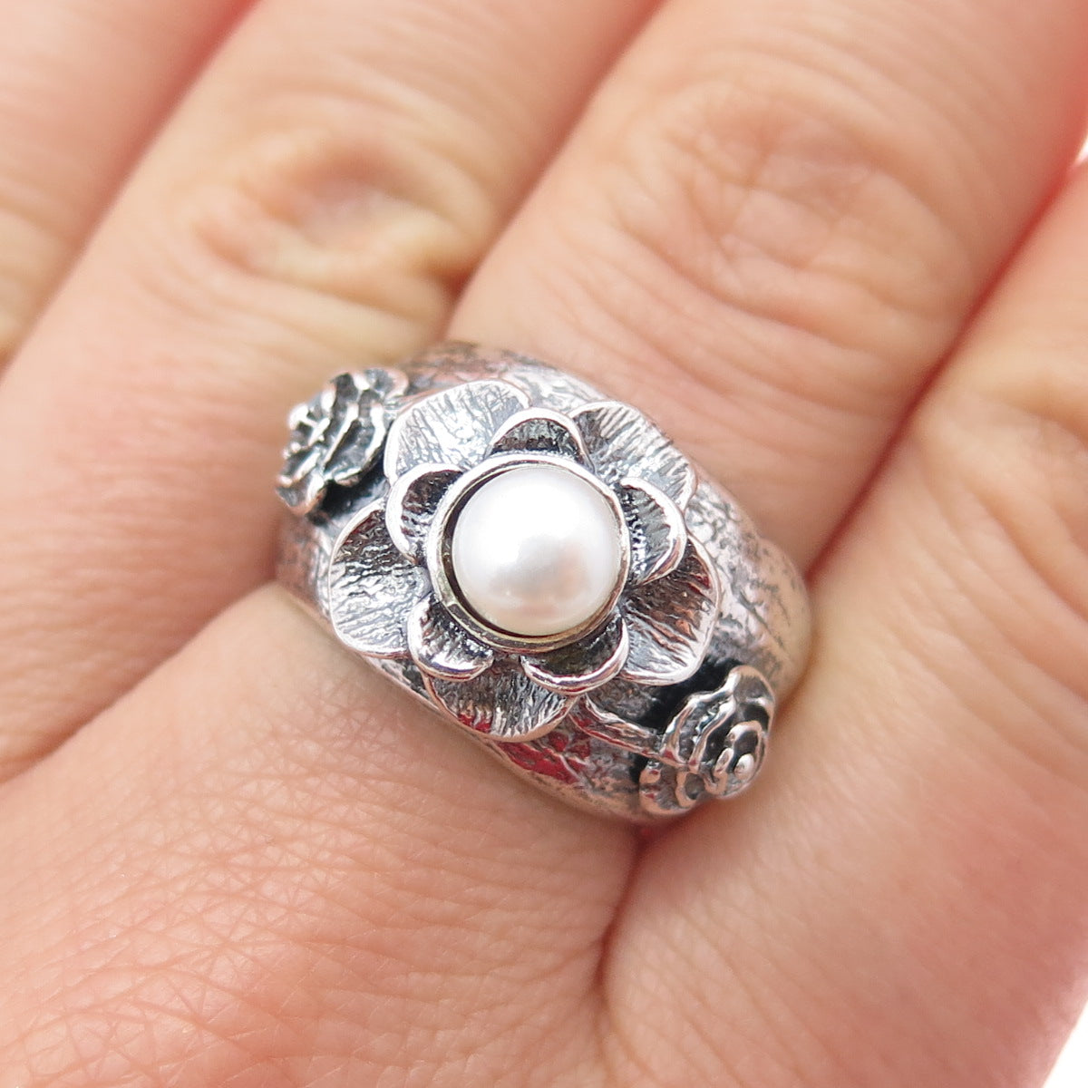 REGINA LANE 925 Sterling Silver Vintage Israel Real Pearl Flower Ring Size 7.5