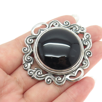 925 Sterling Silver Vintage Real Cabochon Black Onyx Ornate Pin Brooch