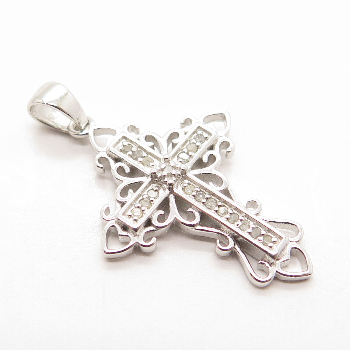 HAN 925 Sterling Silver Real Round-Cut White Diamond Cross Pendant