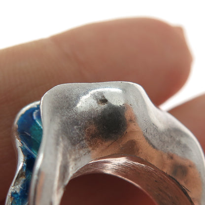 925 Sterling Silver Vintage Enamel Modernist Wavy Ring Size 7.75