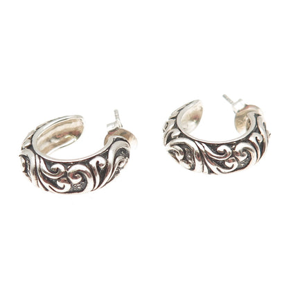 925 Sterling Silver Vintage Oxidized Ornate Hoop Earrings