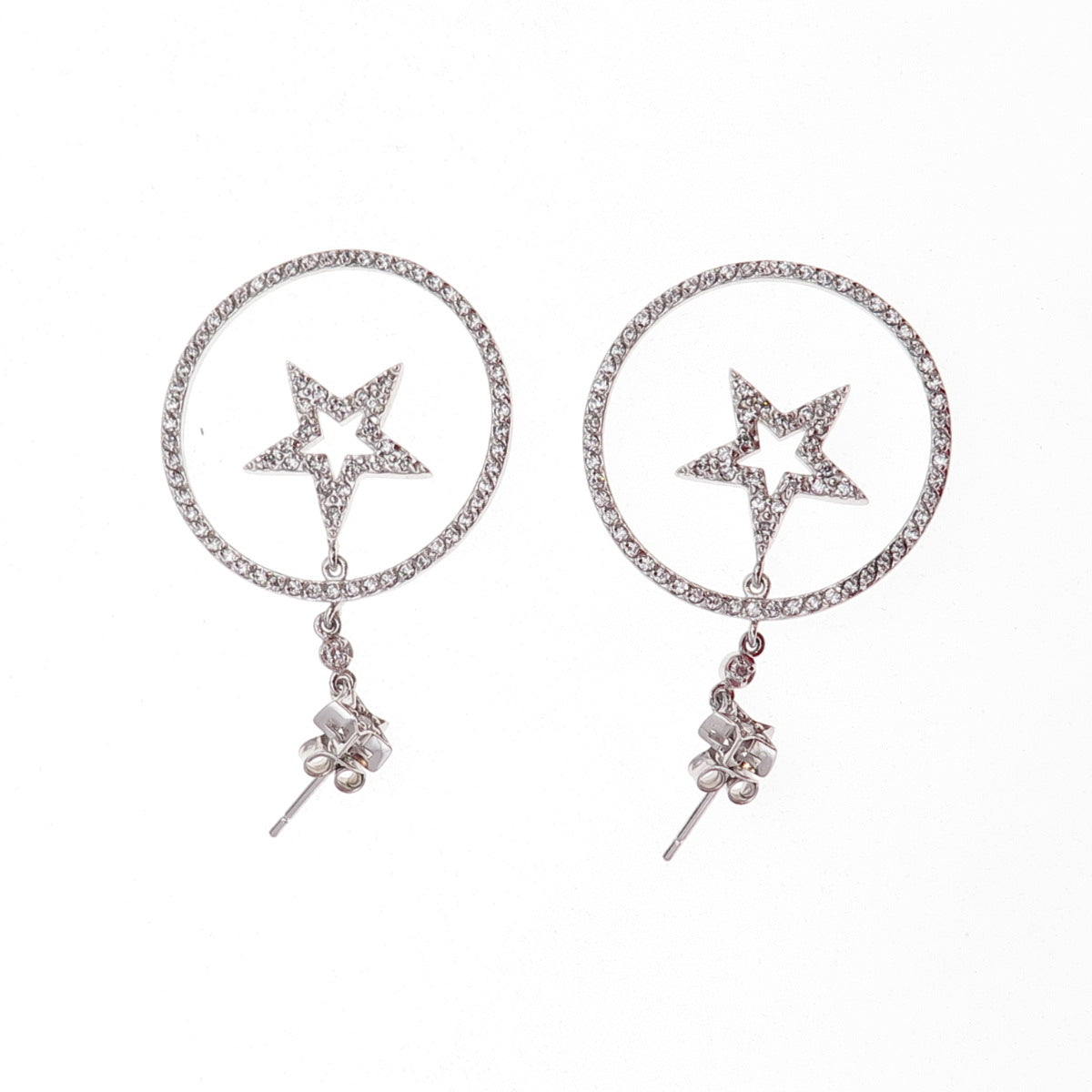 925 Sterling Silver Round-Cut C Z Star Dangle Earrings