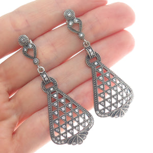 925 Sterling Silver Vintage Round-Cut C Z Oxidized Dangle Earrings