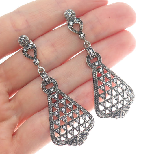 925 Sterling Silver Vintage Round-Cut C Z Oxidized Dangle Earrings