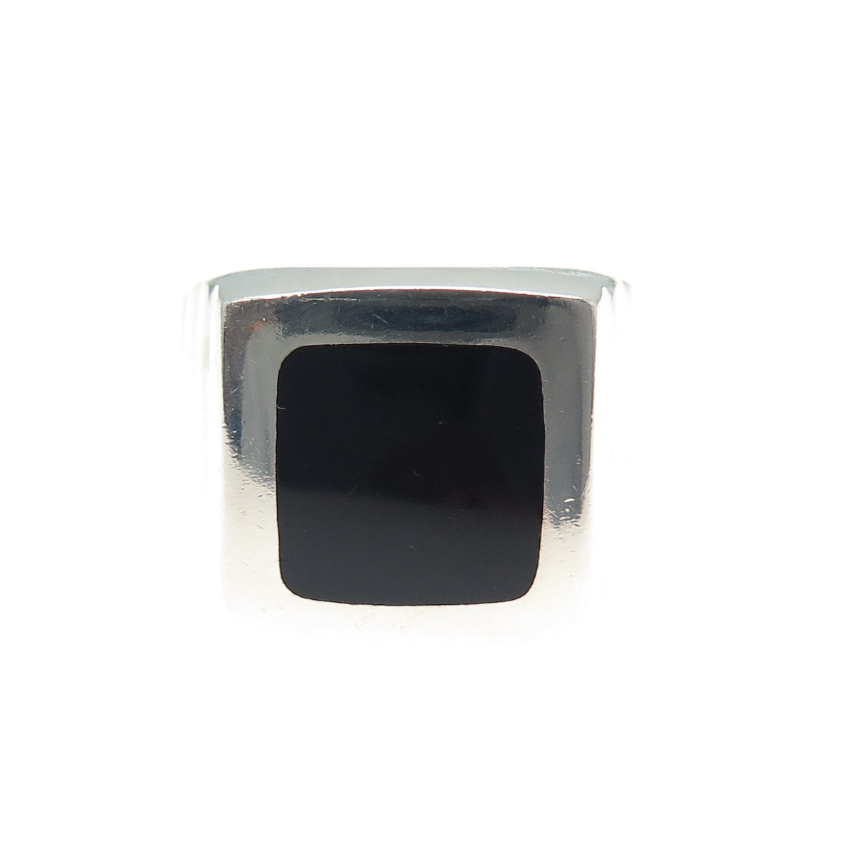 925 Sterling Silver Vintage Mexico Real Black Onyx Ribbed Signet Ring Size 13.25