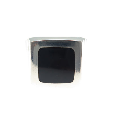 925 Sterling Silver Vintage Mexico Real Black Onyx Ribbed Signet Ring Size 13.25