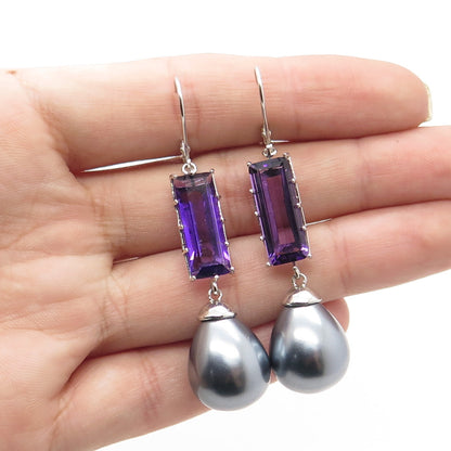 925 Sterling Silver Real Amethyst Gemstone & Faux Gray Pearl Dangling Earrings