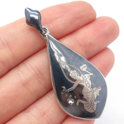 925 Sterling Silver Vintage Niello Hindu Goddess Teardrop Pendant
