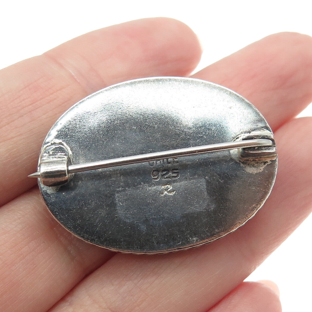 925 Sterling Silver Vintage Chile Real Rhodochrosite Oxidized Pin Brooch