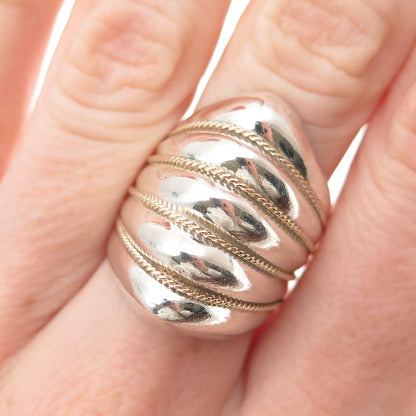 KEITH 925 Sterling Silver 14K Gold Vintage Modernist Ribbed Ring Size 7.25
