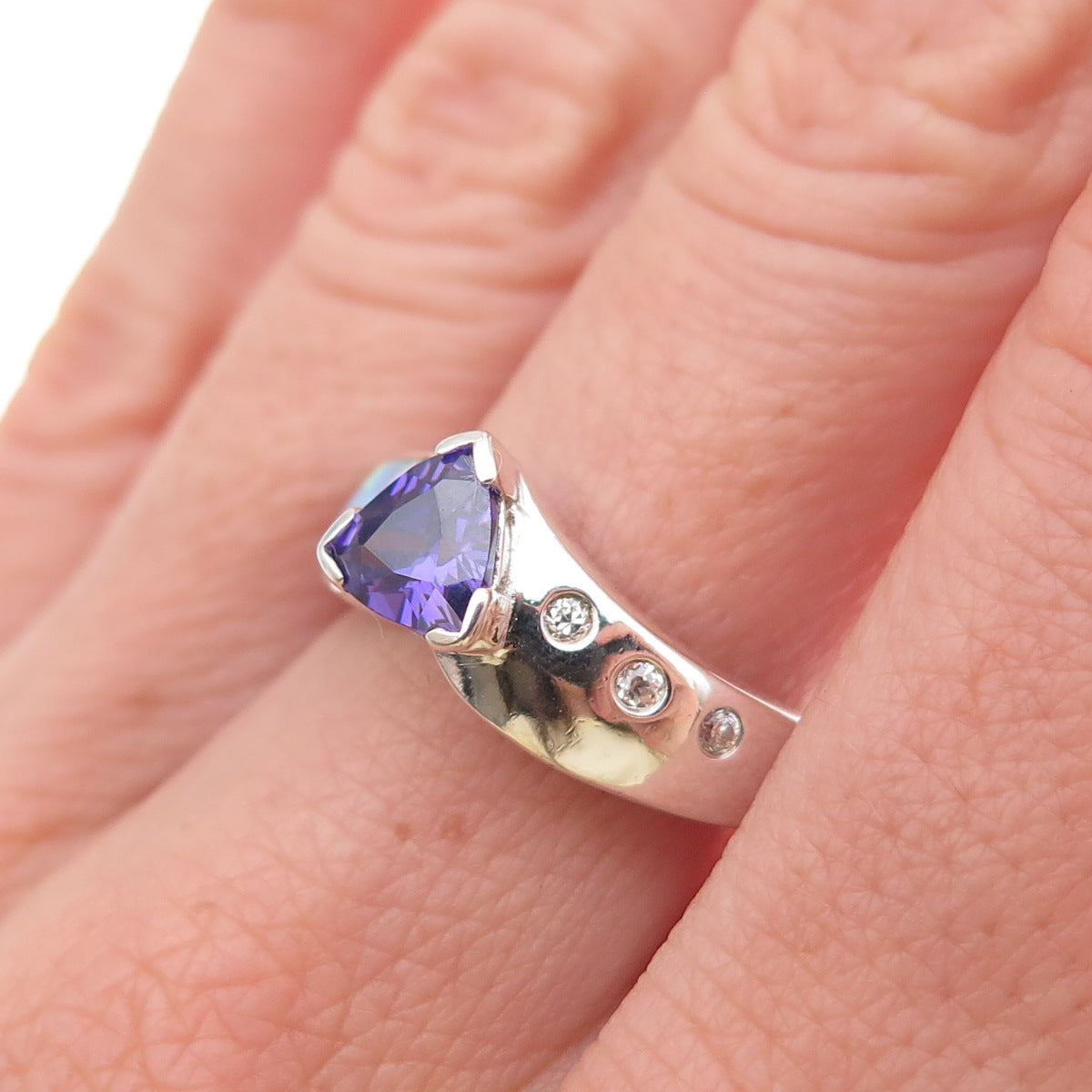 925 Sterling Silver Real Amethyst Opal & C Z Ring Size 8