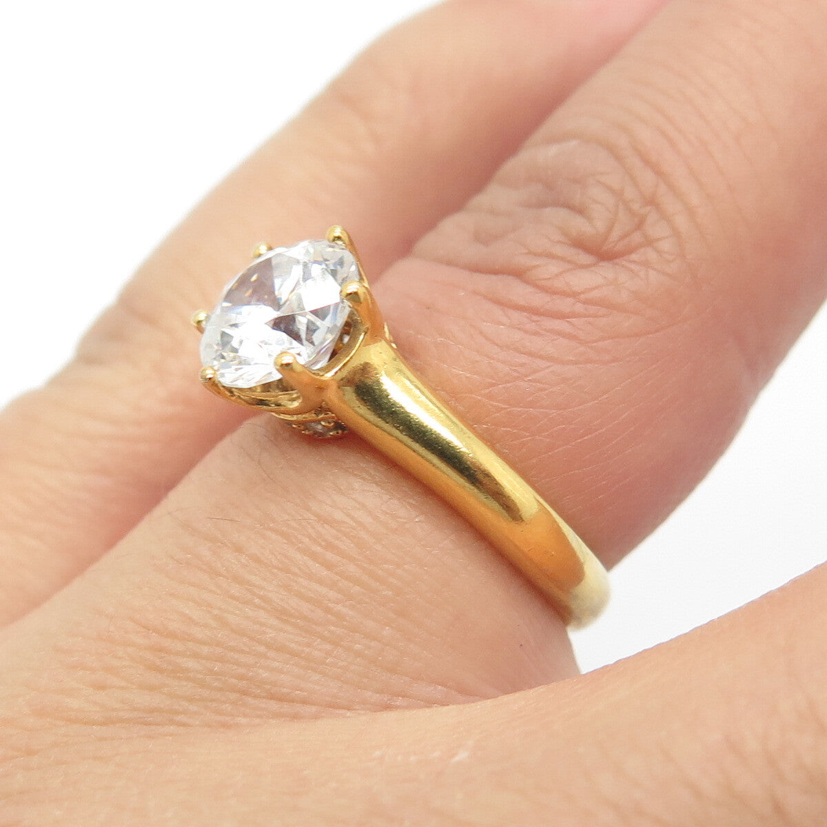 925 Sterling Silver Gold Plated Round-Cut C Z Ring Size 5.25
