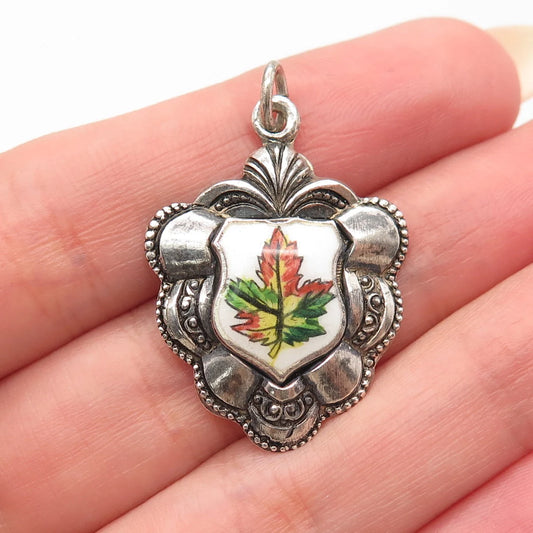 925 Sterling Silver Vintage REU Enamel Maple Leaf Coat of Arms Pendant