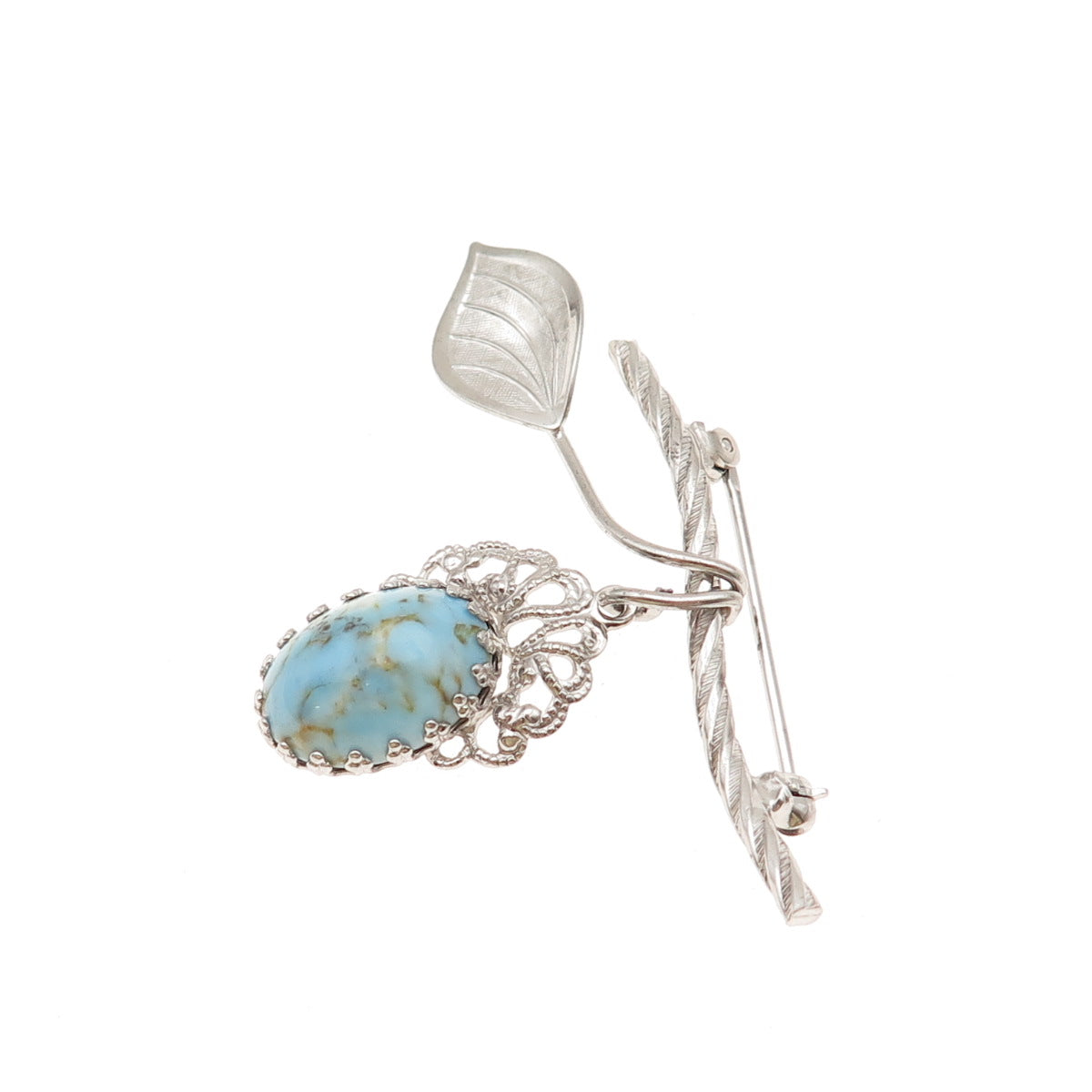 Spencer Co 925 Sterling Silver Antique Art Deco Faux Turquoise Floral Pin Brooch