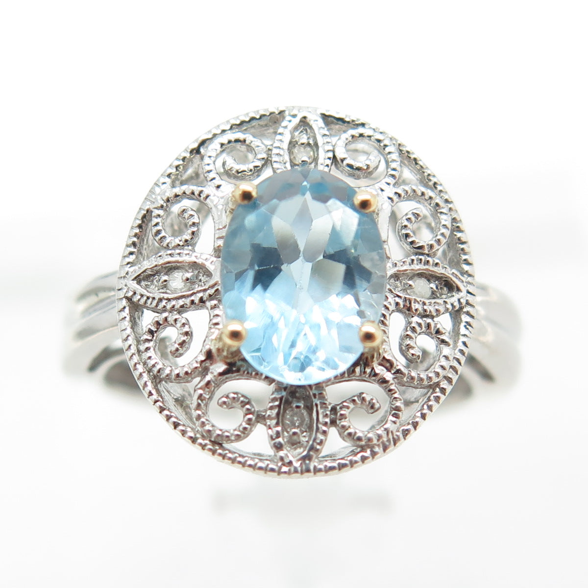 14K Yellow Gold & Sterling Silver Real Diamond & Blue Topaz Floral Ring Size 6