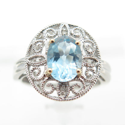 14K Yellow Gold & Sterling Silver Real Diamond & Blue Topaz Floral Ring Size 6