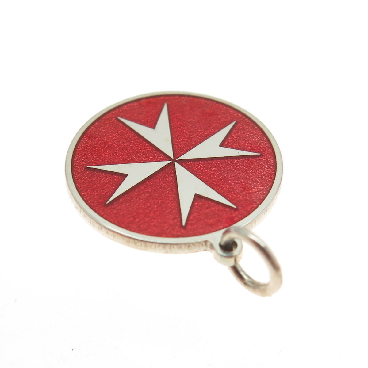 925 Sterling Silver Red Enamel Maltese Cross Round Tag Minimalist Charm Pendant