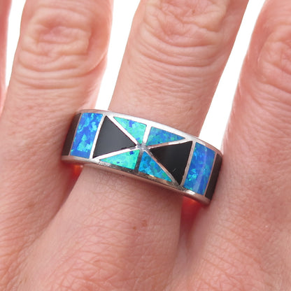 925 Sterling Silver Real Black Onyx & Opal Ring Size 11.75