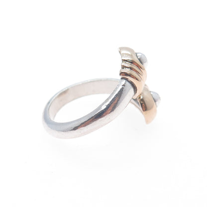 925 Sterling Silver 14K Gold Vintage Modernist Adjustable Ring Size 7.25