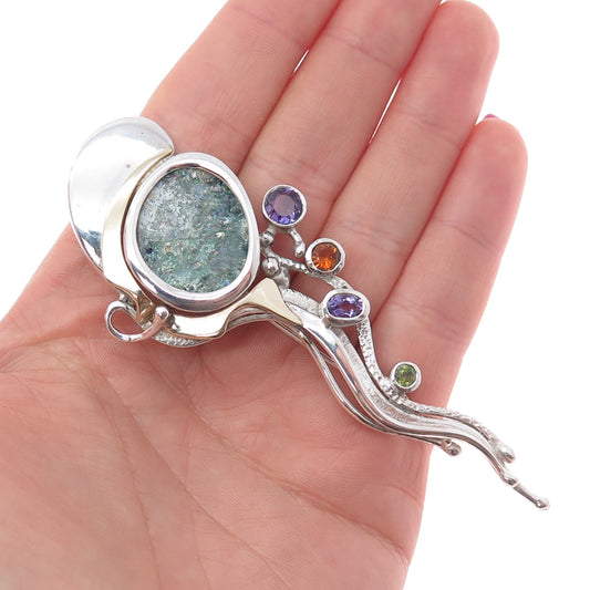 Yossi Levy 18K Gold 925 Sterling Vintage Roman Glass Real Multi-Gem Pin Pendant