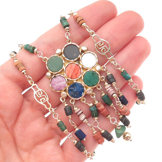 925 Sterling Gold Plated Vintage JTM Peru Real Multi-Color Gem Necklace 24"