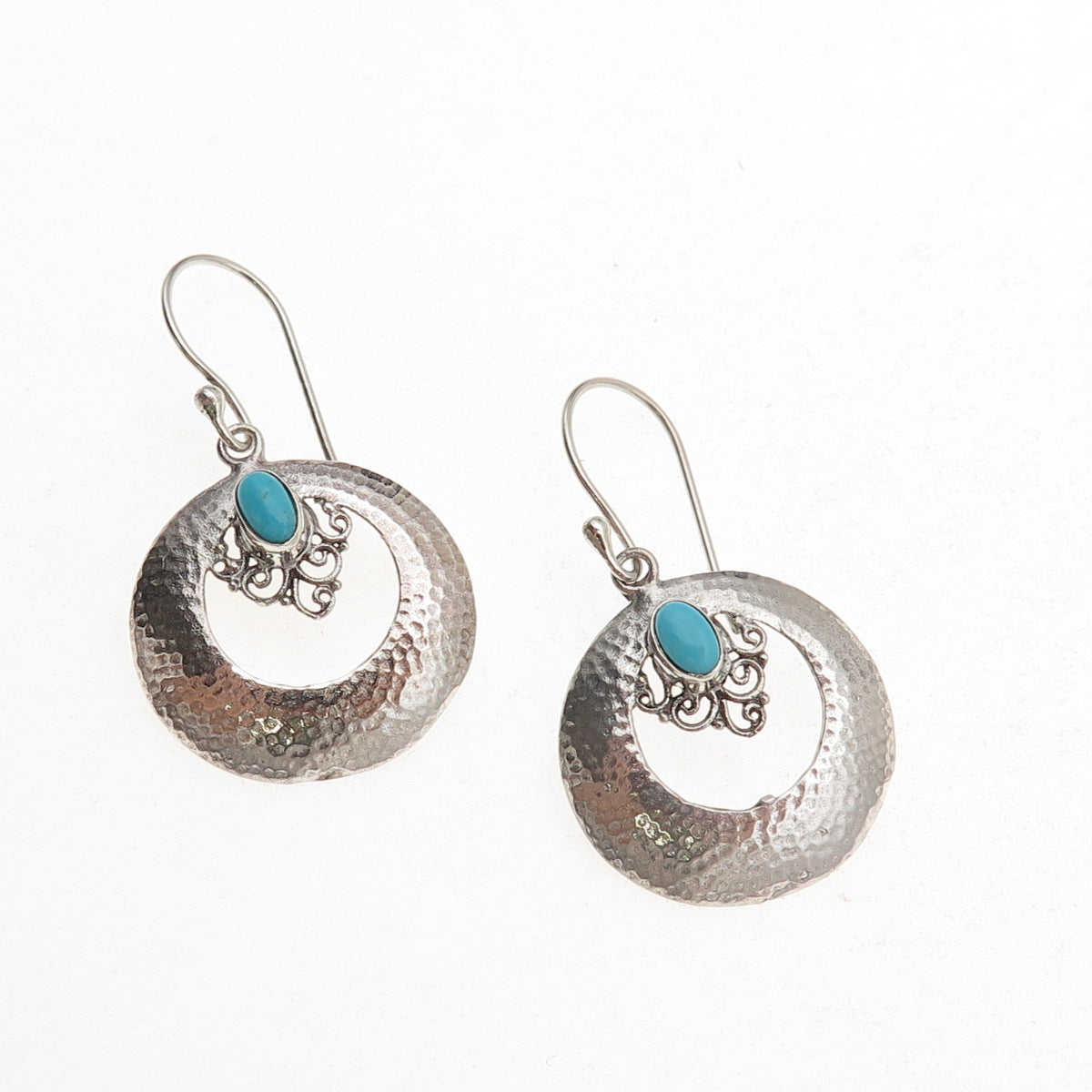 925 Sterling Silver Vintage Real Turquoise Crescent Hammered Dangle Earrings