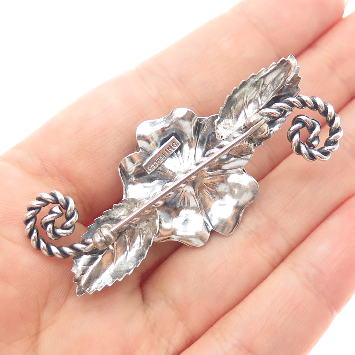 925 Sterling Silver Antique Art Deco Peony Flower Oxidized Pin Brooch